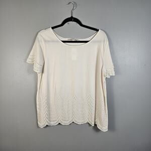 Ann Taylor Loft Womens L Eyelet Embroidered Scallop Short Sleeve Top Beige